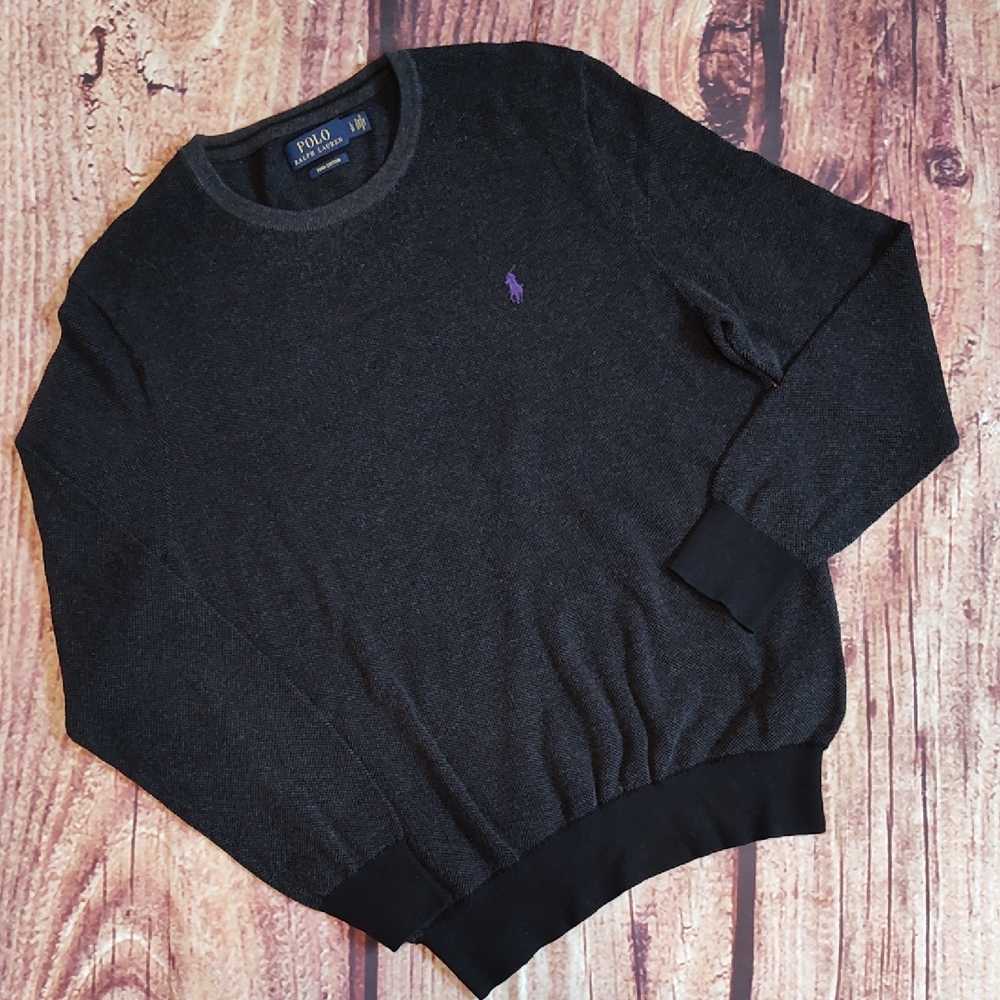 Polo Ralph Lauren Mens Black Jacquard Crew Neck With Purple Pony